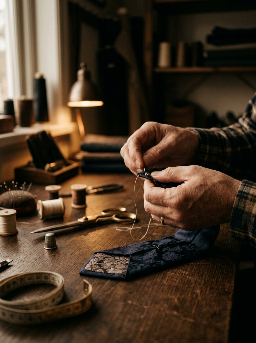 Craftsman stitching a silk tie
